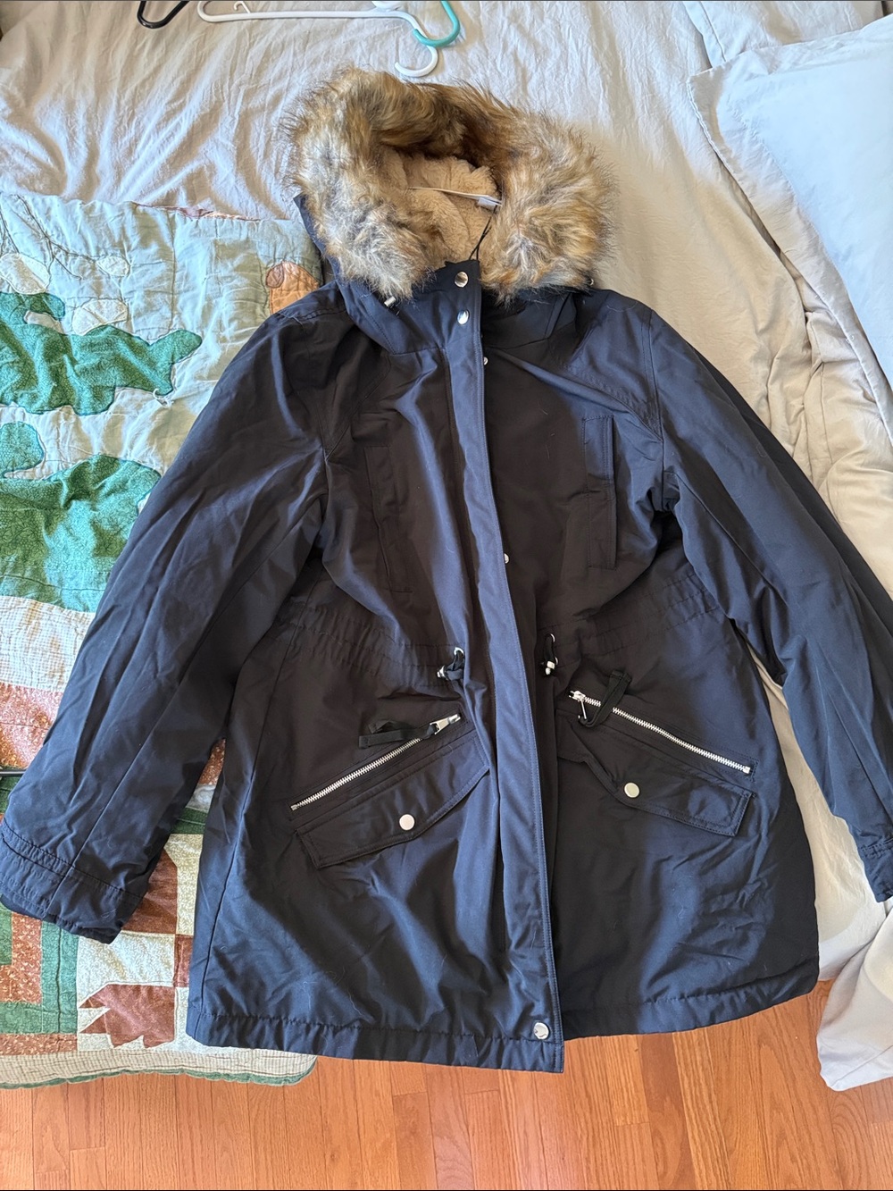 NWT Women's Black Faux-Fur Hooded Parka Jacket